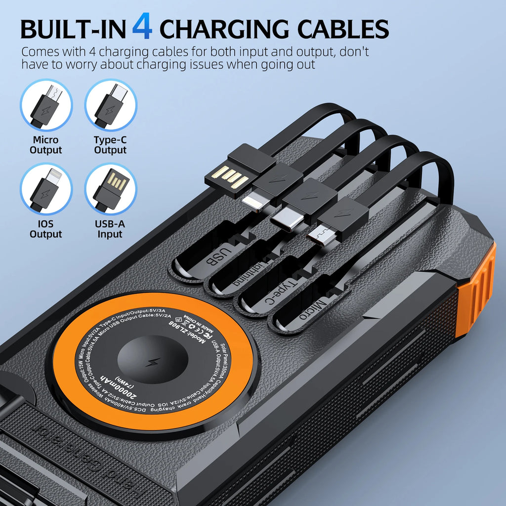 5-in-1 Solar Power Bank Hand Crank Generator 50000mAh,Fast Charge External Battery Pack,4 Built-in Cables,Wireless & Laser Light