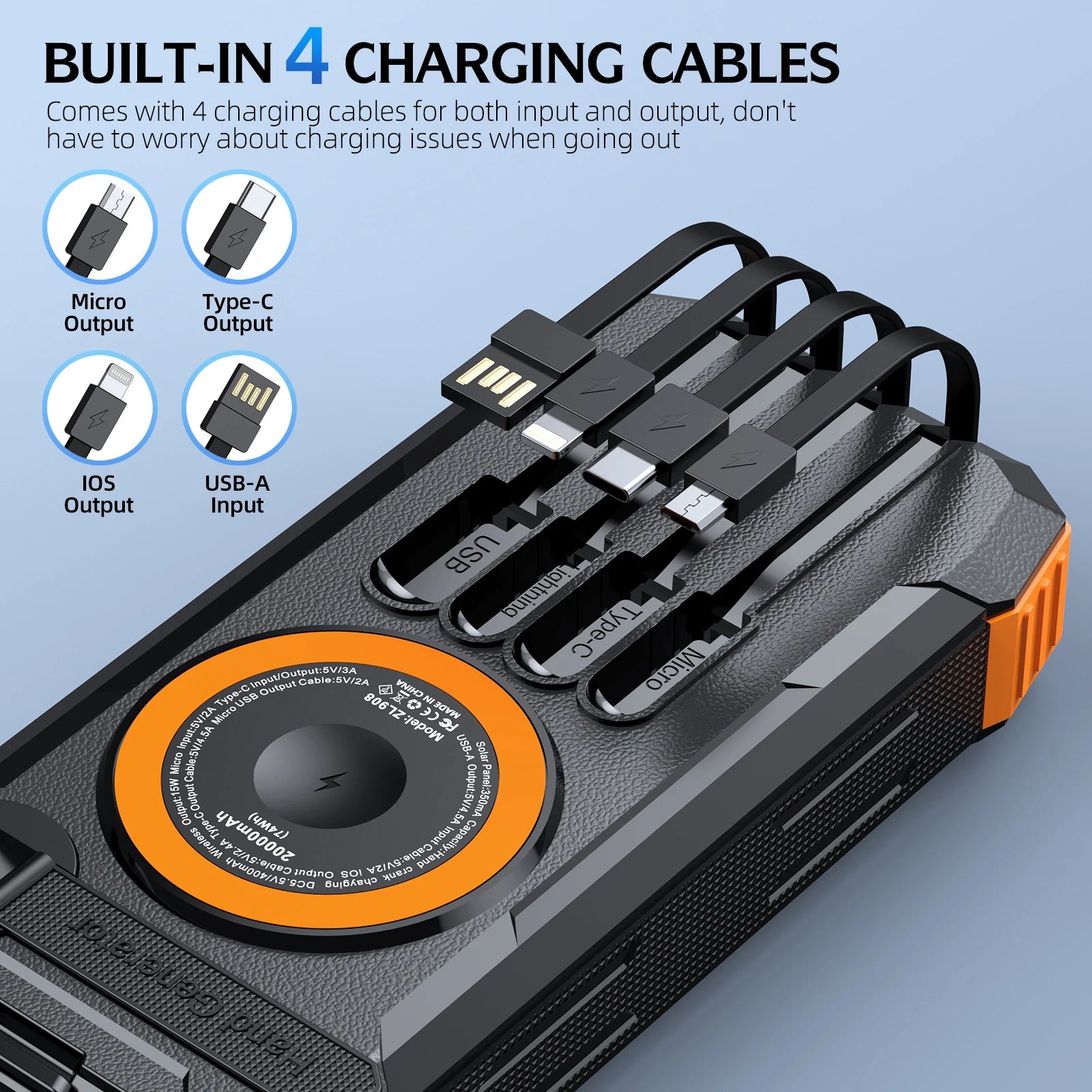 5-in-1 Solar Power Bank Hand Crank Generator 50000mAh,Fast Charge External Battery Pack,4 Built-in Cables,Wireless & Laser Light