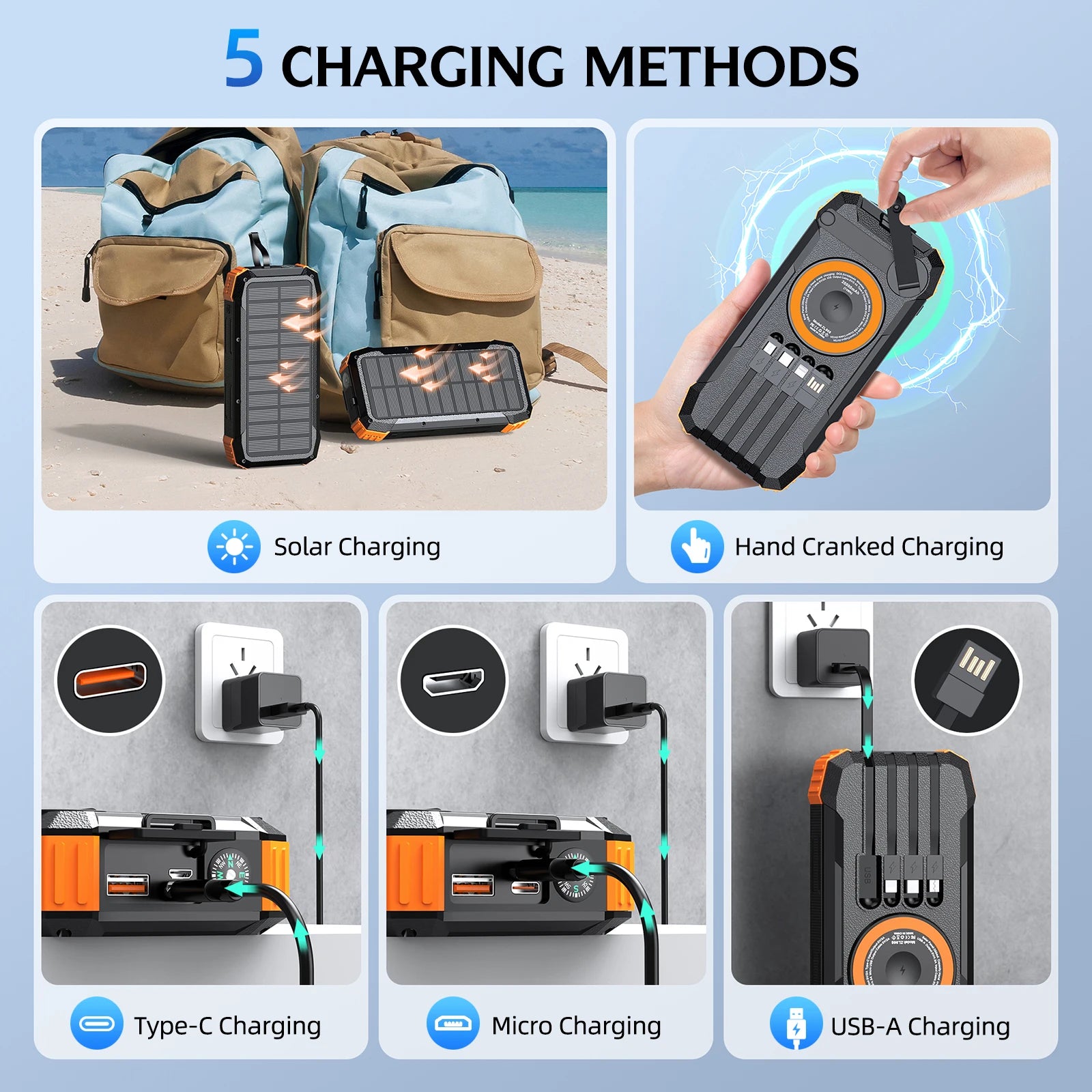 5-in-1 Solar Power Bank Hand Crank Generator 50000mAh,Fast Charge External Battery Pack,4 Built-in Cables,Wireless & Laser Light