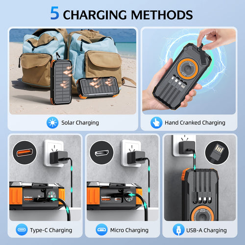 5-in-1 Solar Power Bank Hand Crank Generator 50000mAh,Fast Charge External Battery Pack,4 Built-in Cables,Wireless & Laser Light