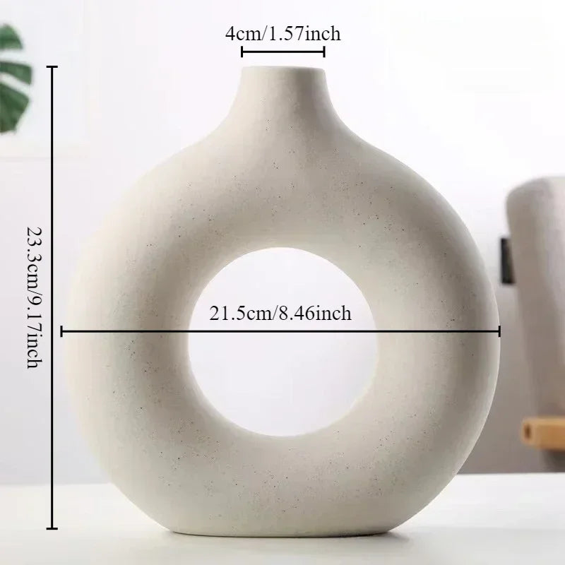 Creative Donut Shape Ceramic Vase Nordic White Circular Hollow Flower Vase Home Office Desktop Living Room Decoration Flower Pot