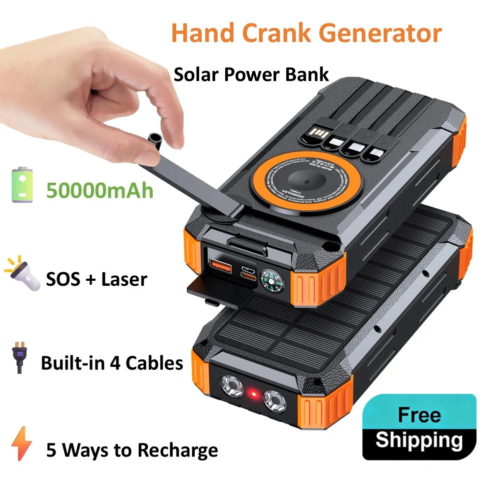5-in-1 Solar Power Bank Hand Crank Generator 50000mAh,Fast Charge External Battery Pack,4 Built-in Cables,Wireless & Laser Light