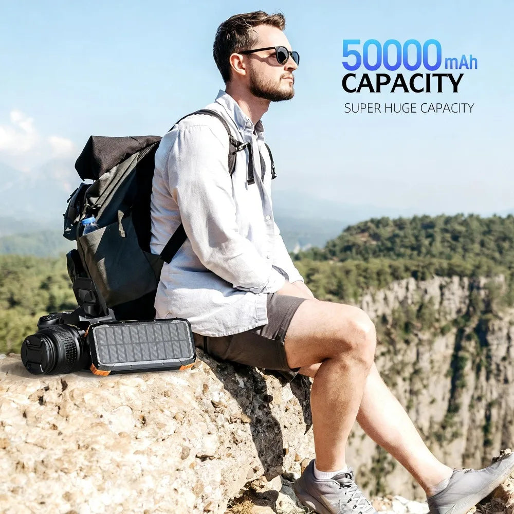 5-in-1 Solar Power Bank Hand Crank Generator 50000mAh,Fast Charge External Battery Pack,4 Built-in Cables,Wireless & Laser Light