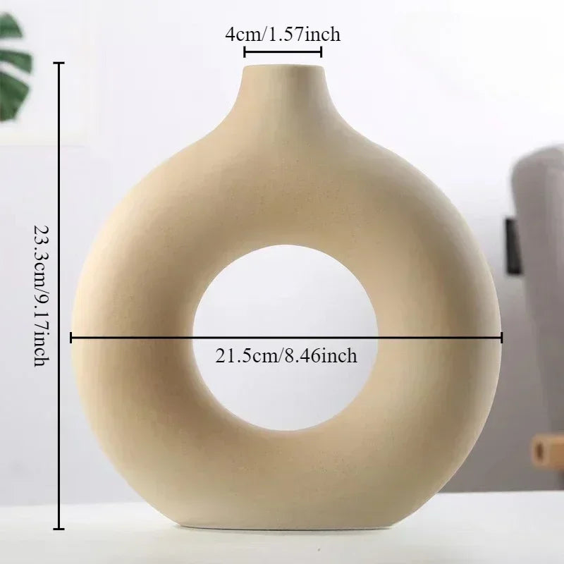 Creative Donut Shape Ceramic Vase Nordic White Circular Hollow Flower Vase Home Office Desktop Living Room Decoration Flower Pot