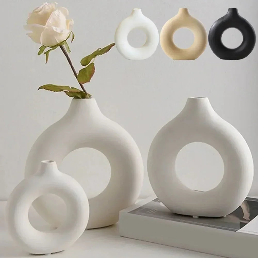 Creative Donut Shape Ceramic Vase Nordic White Circular Hollow Flower Vase Home Office Desktop Living Room Decoration Flower Pot