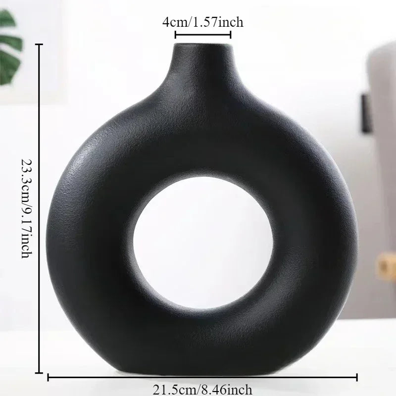 Creative Donut Shape Ceramic Vase Nordic White Circular Hollow Flower Vase Home Office Desktop Living Room Decoration Flower Pot
